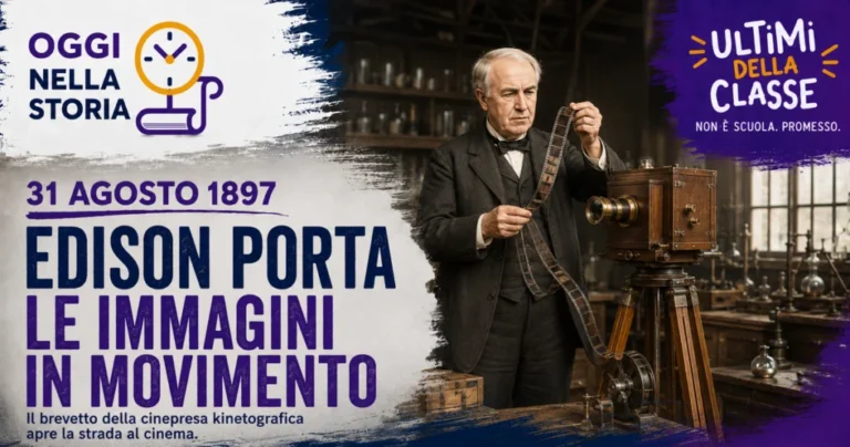 31 agosto 1897, Thomas Edison con una cinepresa kinetografica e una striscia di pellicola