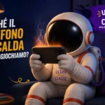 Astronauta che gioca con uno smartphone che si scalda