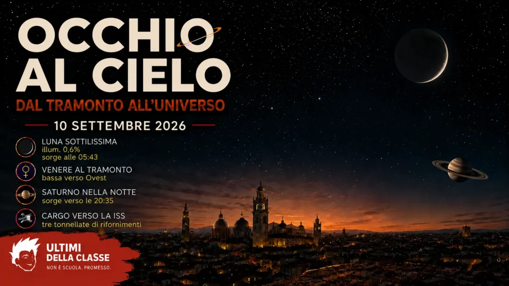 Copertina Occhi al cielo del 10 settembre 2026 con Luna calante, Venere, Saturno e Un cargo carico di rifornimenti