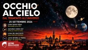 Copertina Occhio al cielo del 25 settembre 2026 con Luna quasi piena, Saturno e la sonda Juice sopra Padova