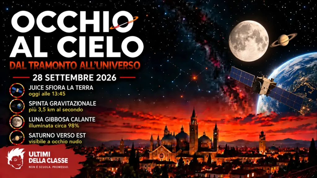 Copertina Occhio al cielo del 28 settembre 2026 con la sonda Juice vicino alla Terra, Luna gibbosa e Saturno sopra Padova