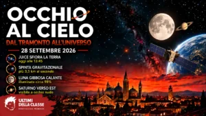 Copertina Occhio al cielo del 28 settembre 2026 con la sonda Juice vicino alla Terra, Luna gibbosa e Saturno sopra Padova
