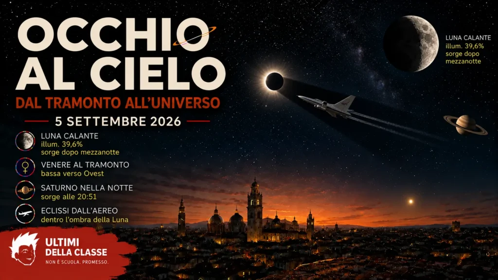 Copertina Occhi al cielo del 5 settembre 2026 con Luna calante, Venere, Saturno e aereo NASA durante un’eclissi